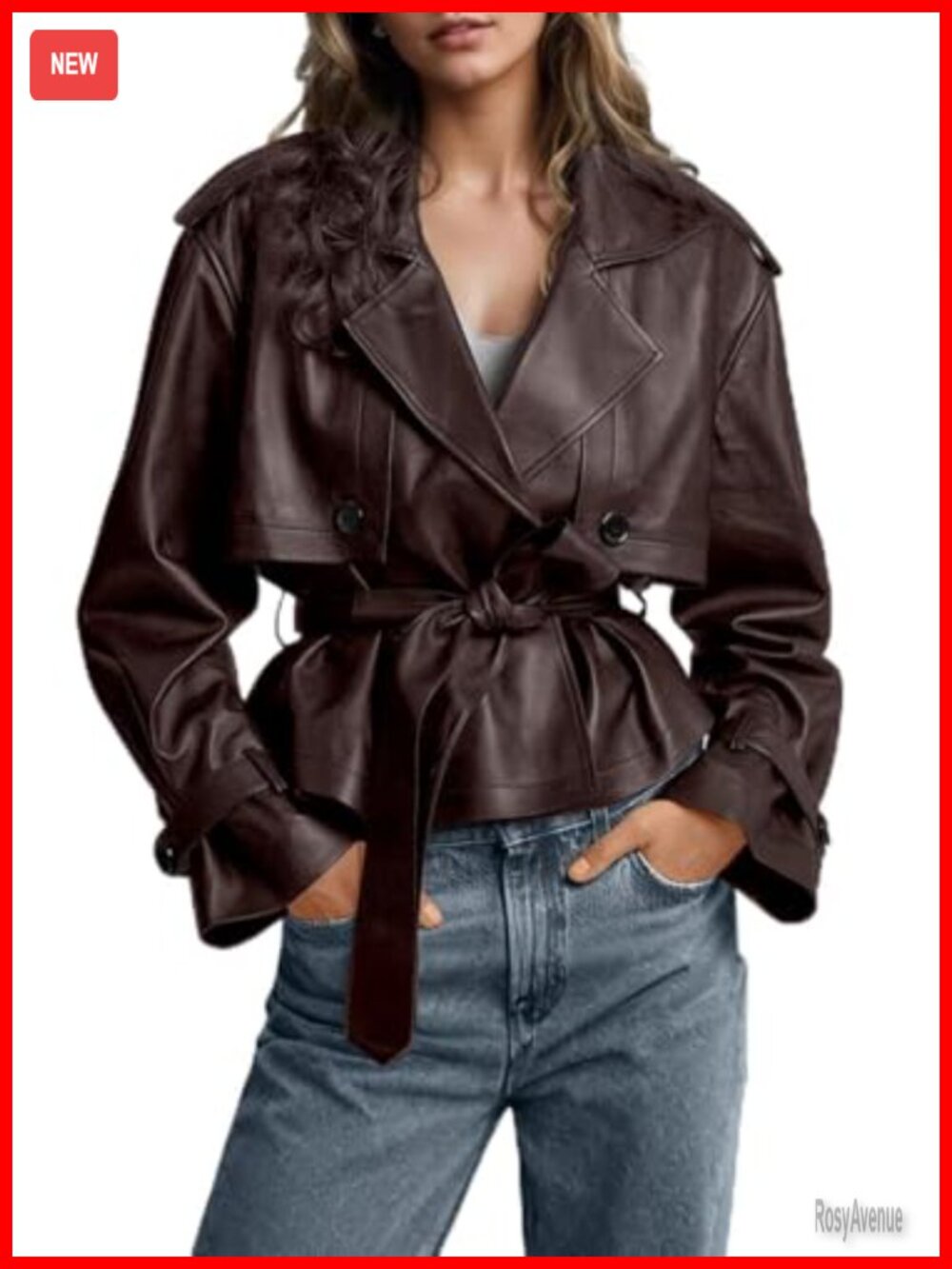 Women's Faux Leather Trench Coat Belted Short Moto Jacket